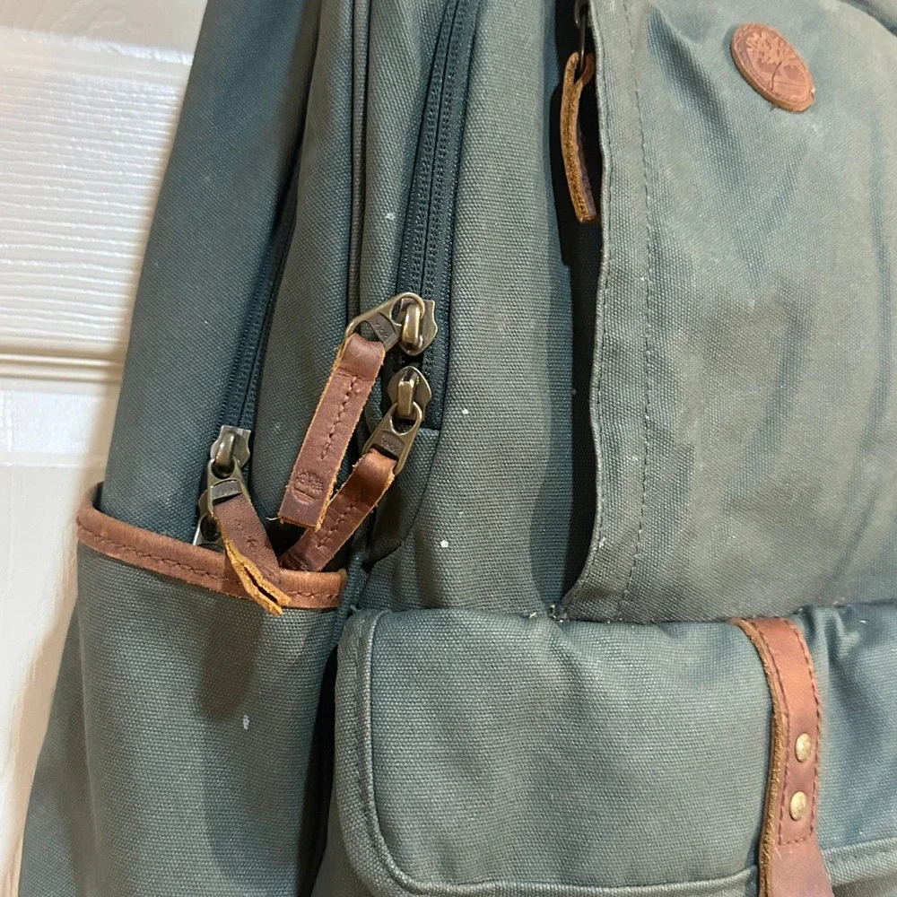 Timberland Canvas‎ Backpack Forest Green Leather Trim Outdoor Laptop Bag Travel